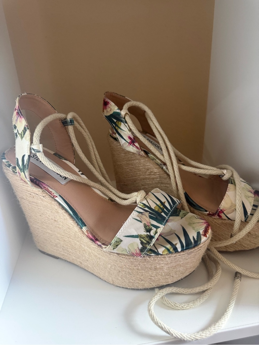 Steve Madden Floral Espadrille Wedge Sandals - Cream, Green, Pink